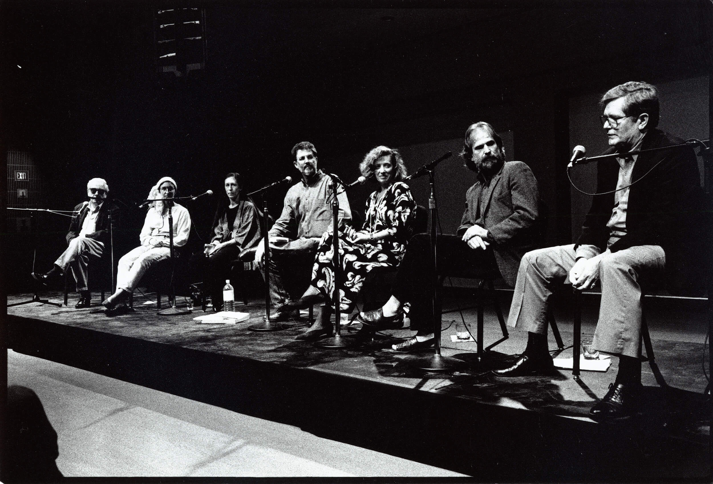 John Cage panel, from left to right: Robert Ashley, Barbara Monk Feldman, Meredith Monk, Charles Amirkhanian, Julie Lazar, Trimpin, Donald Gillespie