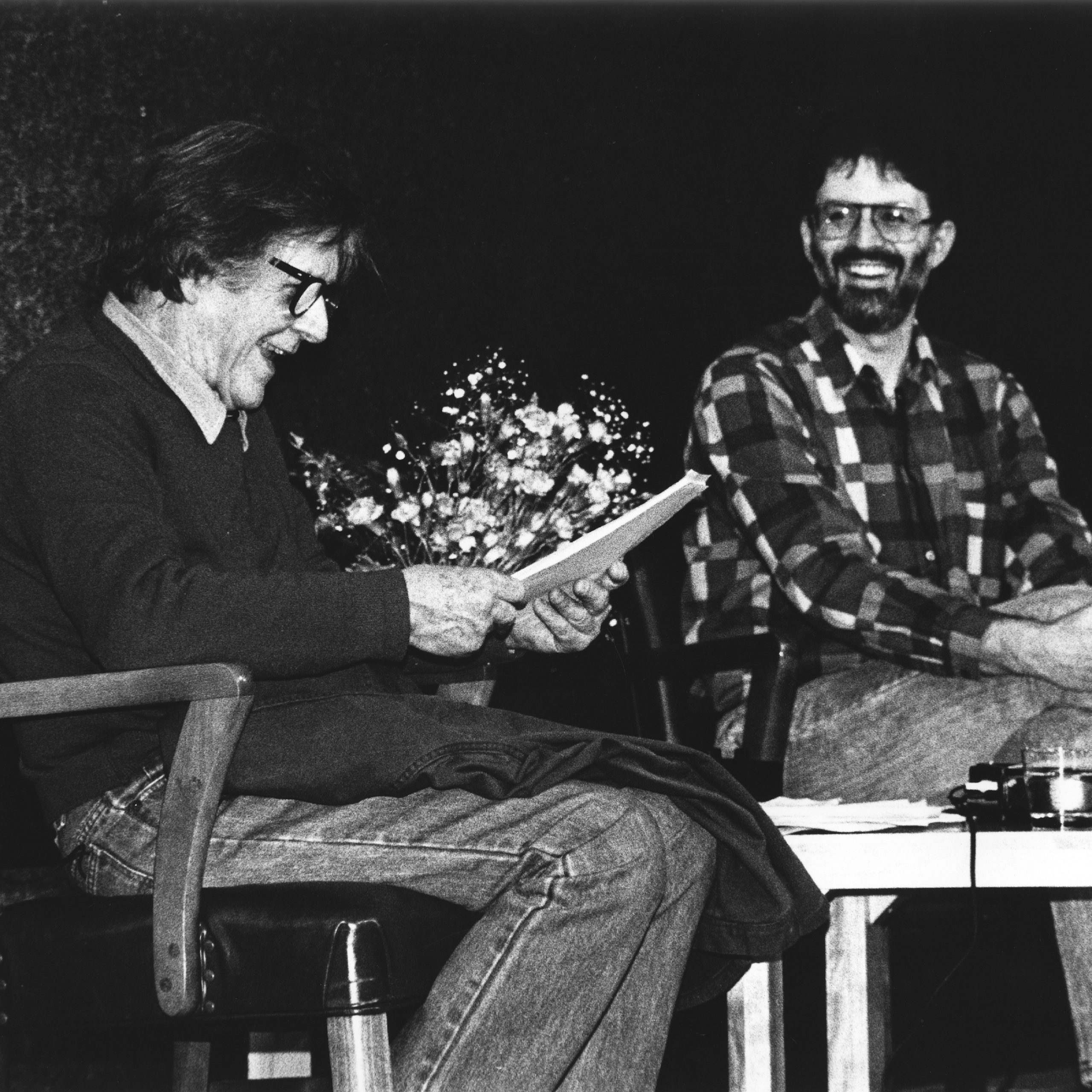 John Cage being interviewed on stage by Charles Amirkhanian