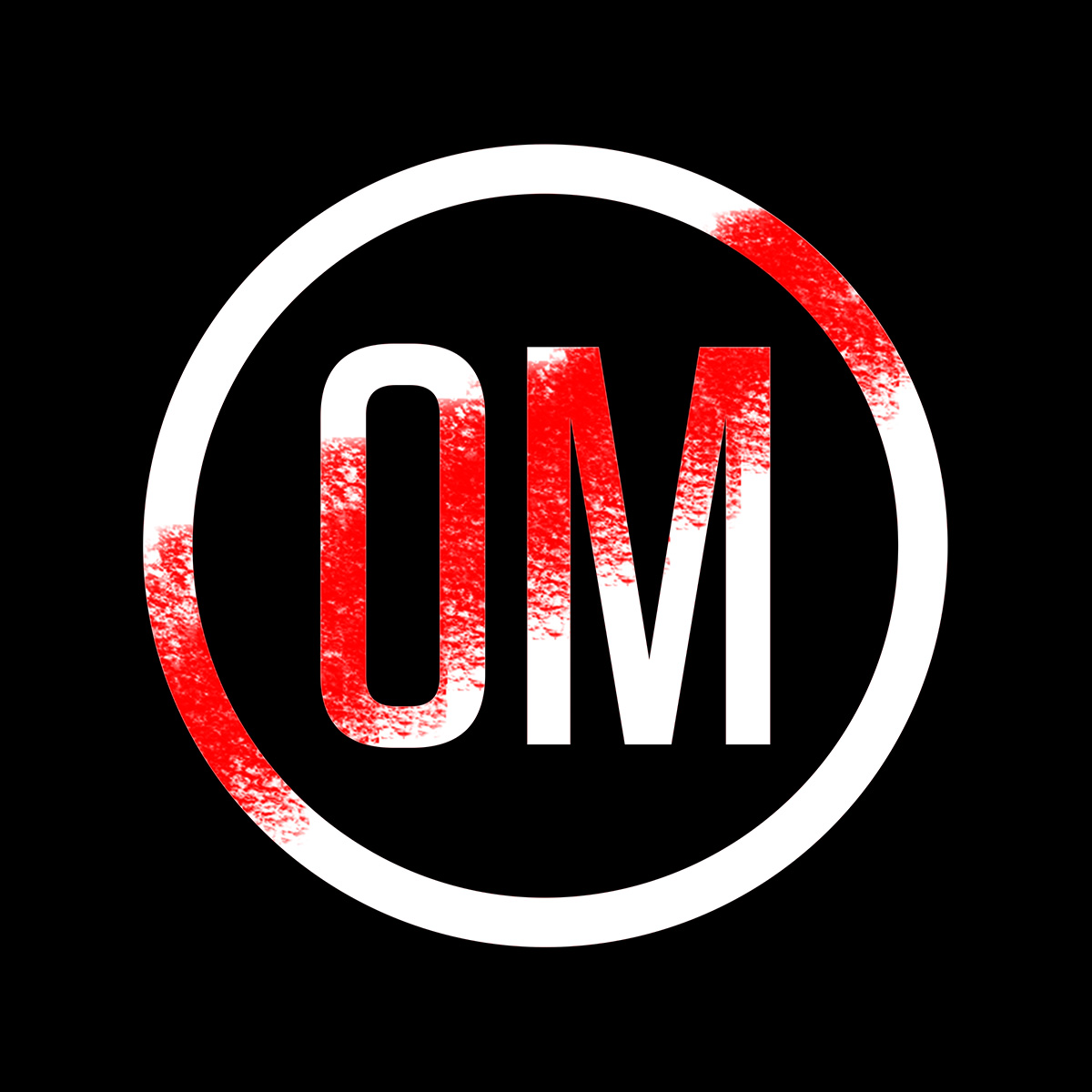 Other Minds Logo with white O M in a circle on black background and red diagonal stripe