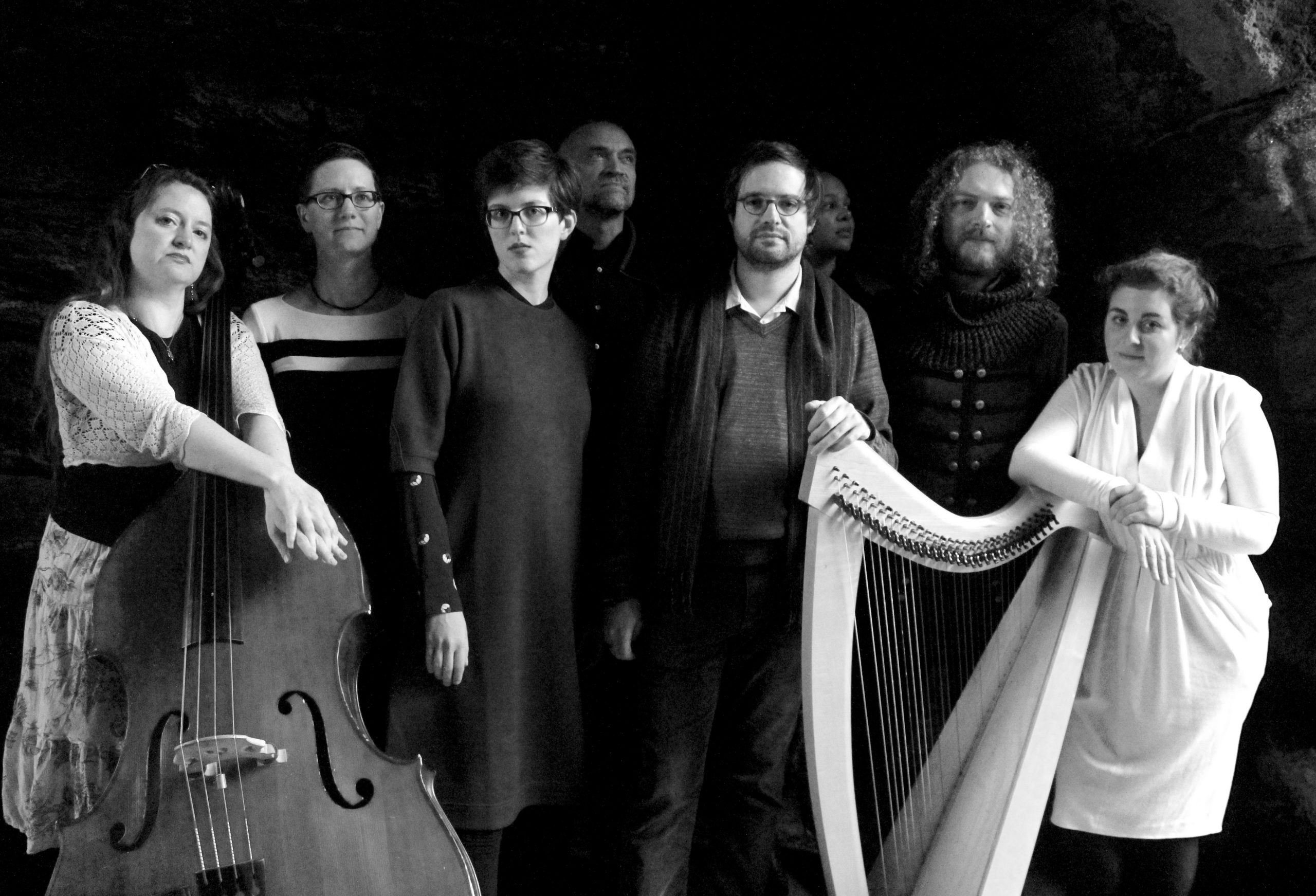 Ghost Ensemble black and white group photo.