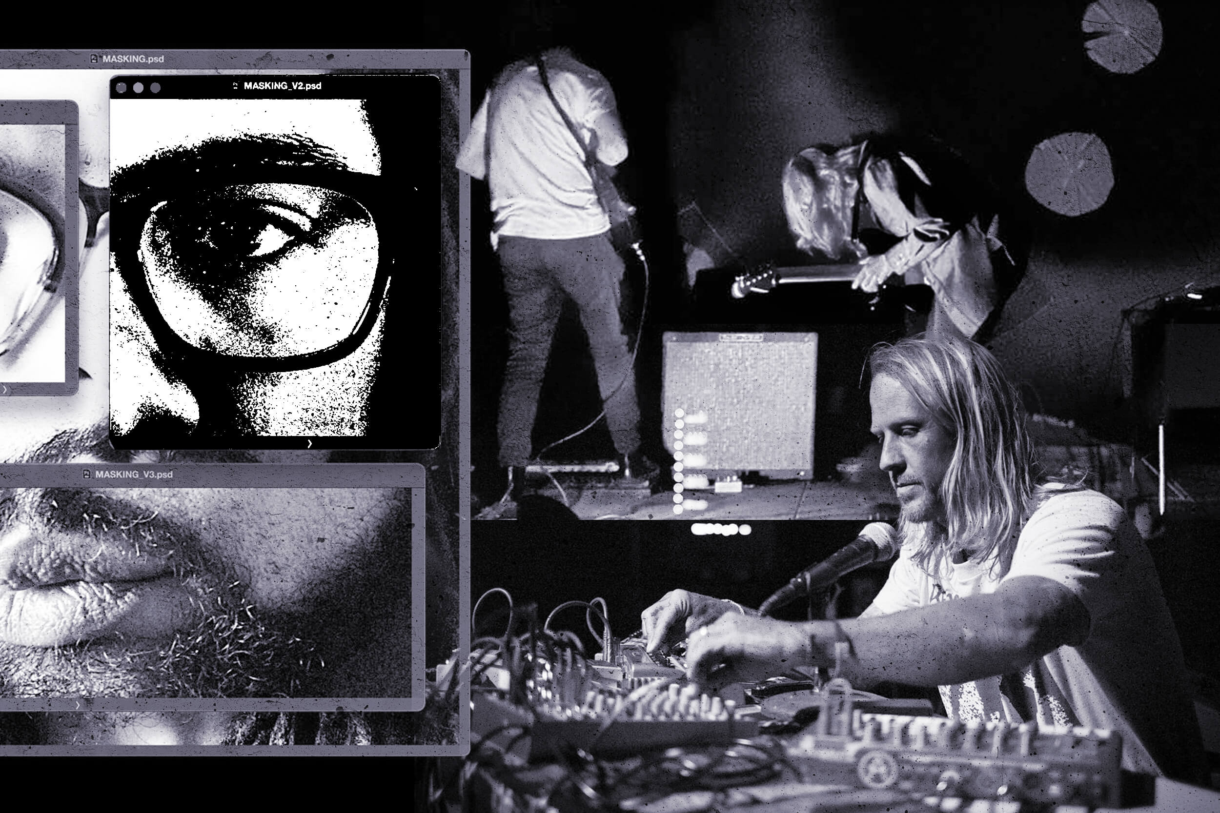 Composite black and white image of electronic musicians performing.