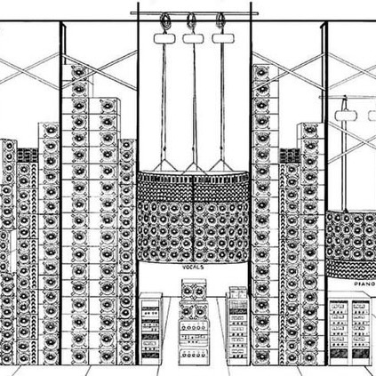 Drawing of large speaker set up on stage.