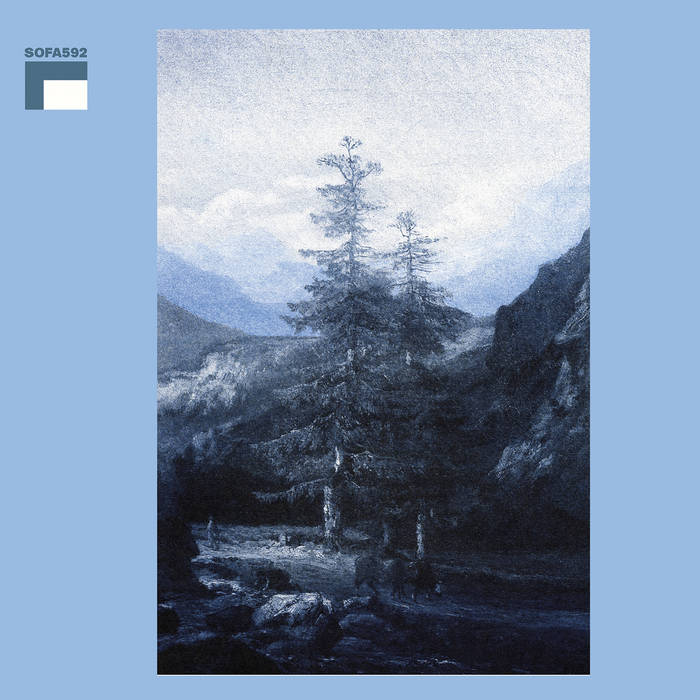 Image of two trees in the mountains with a light blue border.