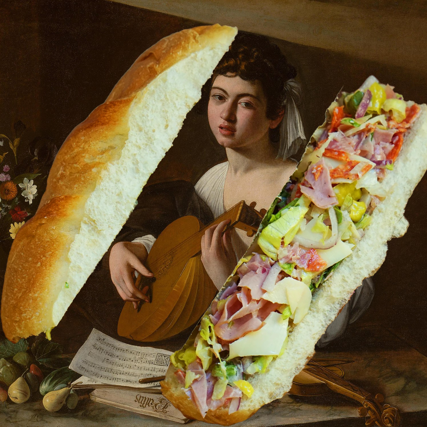 Caravaggio's The Lute Player in a sandwich.