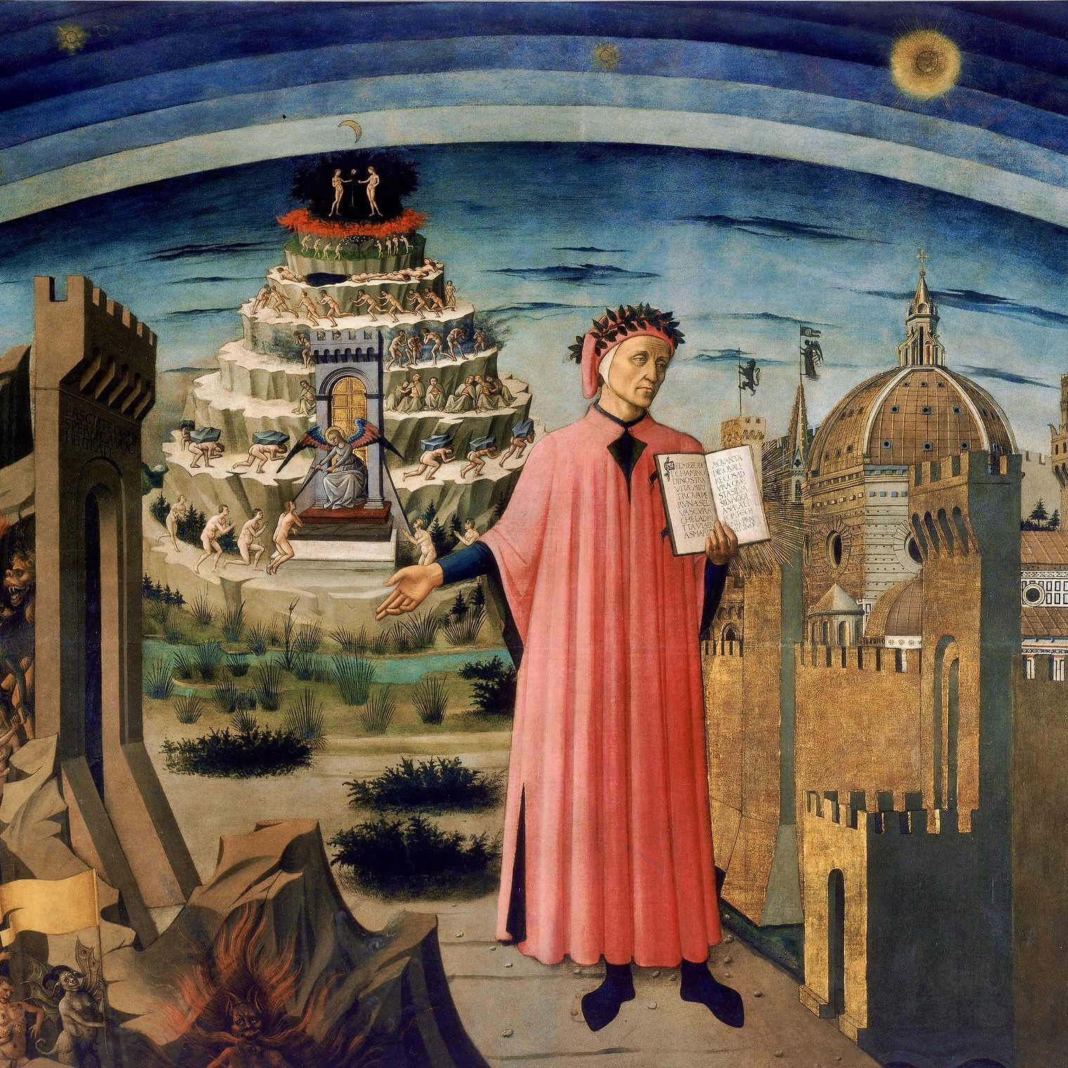 Painting of Dante holding a copy of the Divine Comedy, next to the entrance to Hell, the seven terraces of Mount Purgatory and the city of Florence, with the spheres of Heaven above.