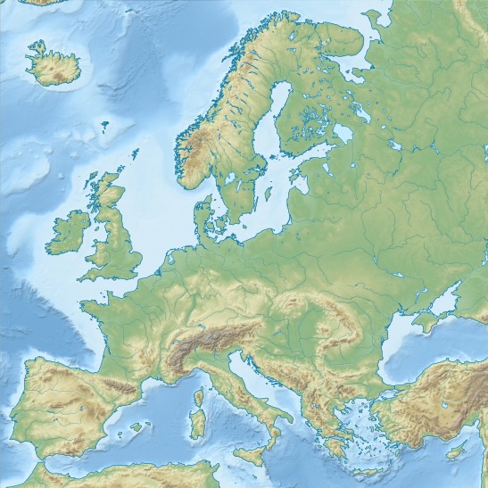 Relief map of Europe without political borders.