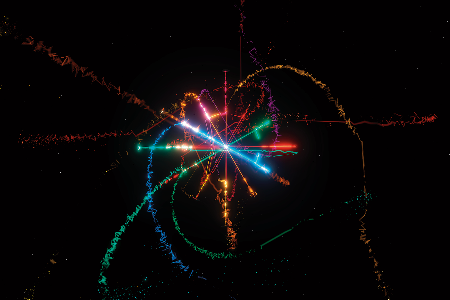 Polytempo Music Black background with colorful streams of light from the center