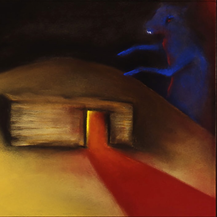red figure in foreground with blue figure in background.