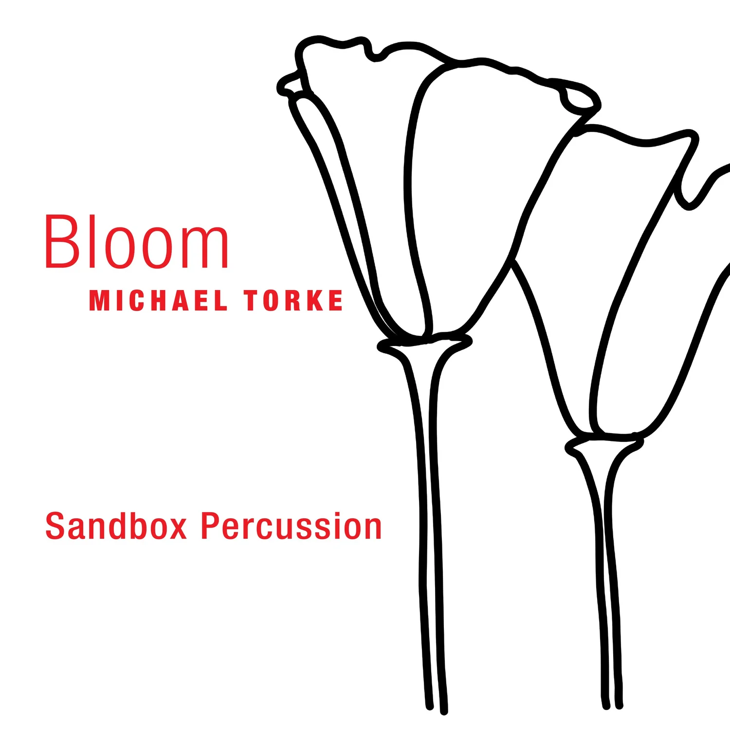 Bloom Album cover with two black and white flowers and red writing.
