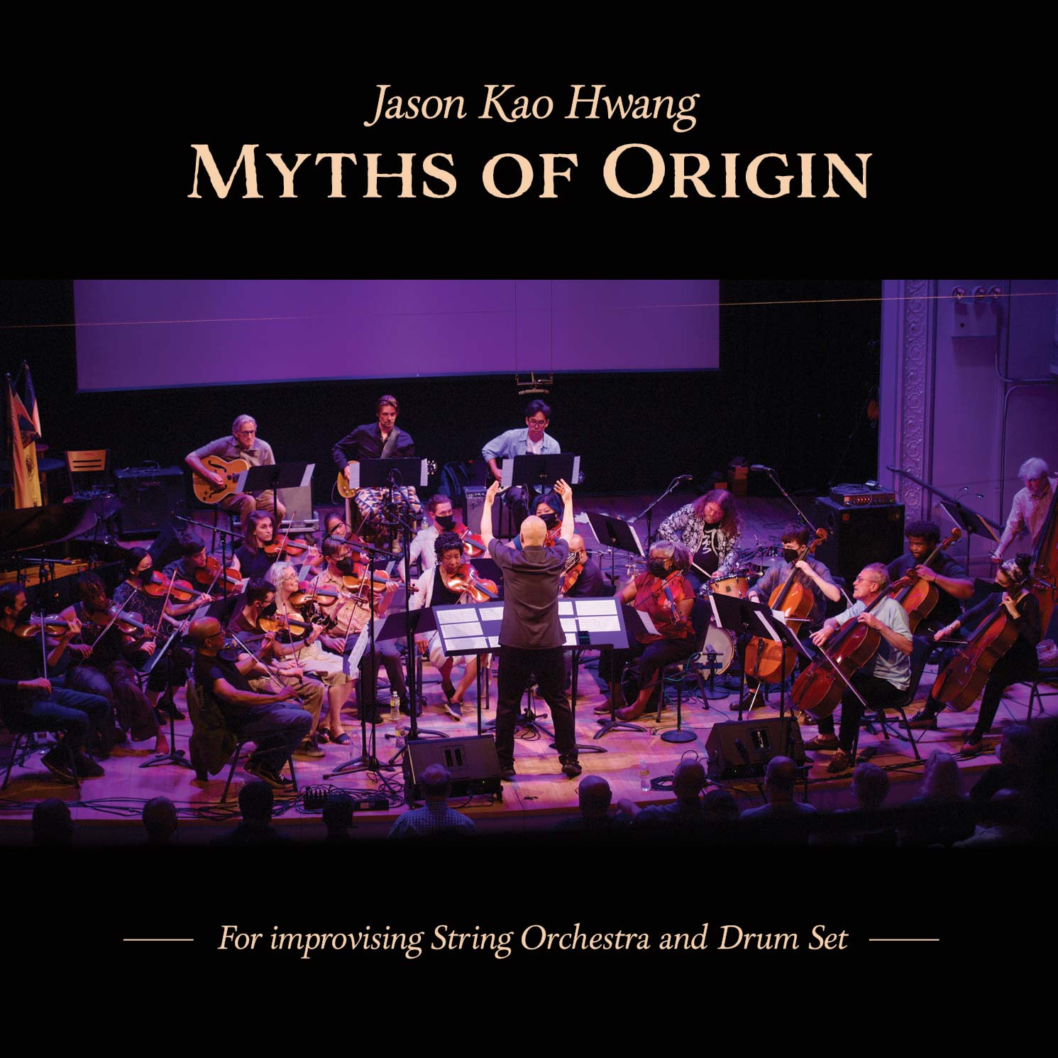 jason-kao-hwang-myths-of-origin An LP cover with a picture of a man conducting an orchestra.