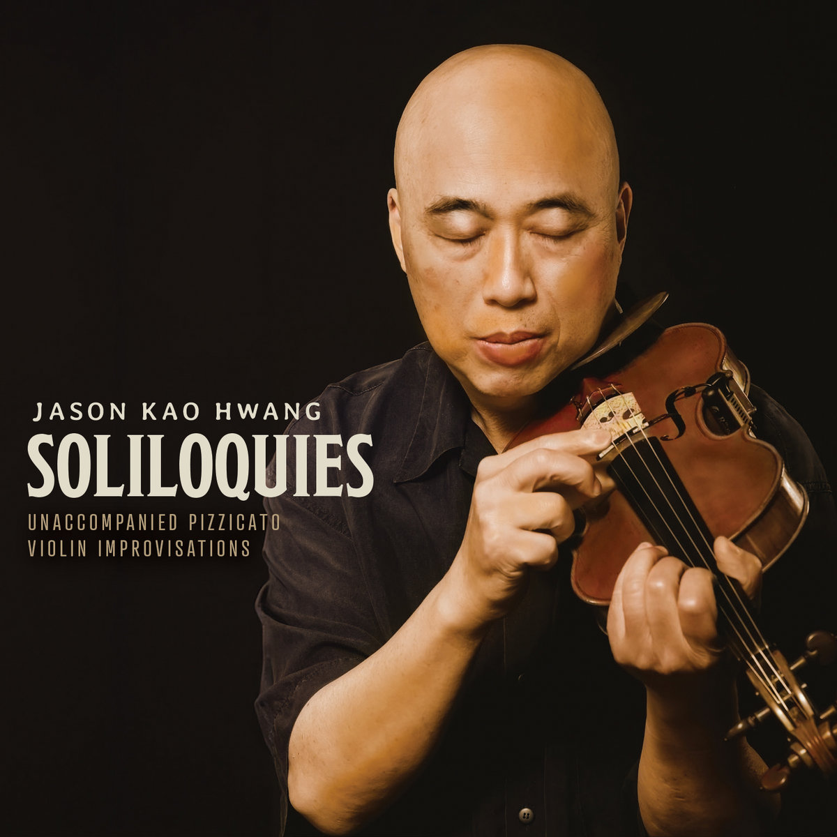 jason-kao-hwang-soliloquies An LP cover of a bald man holding a violin with text overlayed.