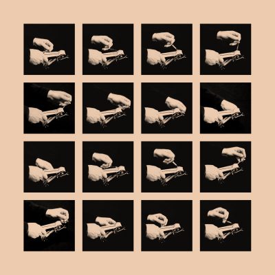 A grid of hands playing a wooden ratchet on a peach-colored background.