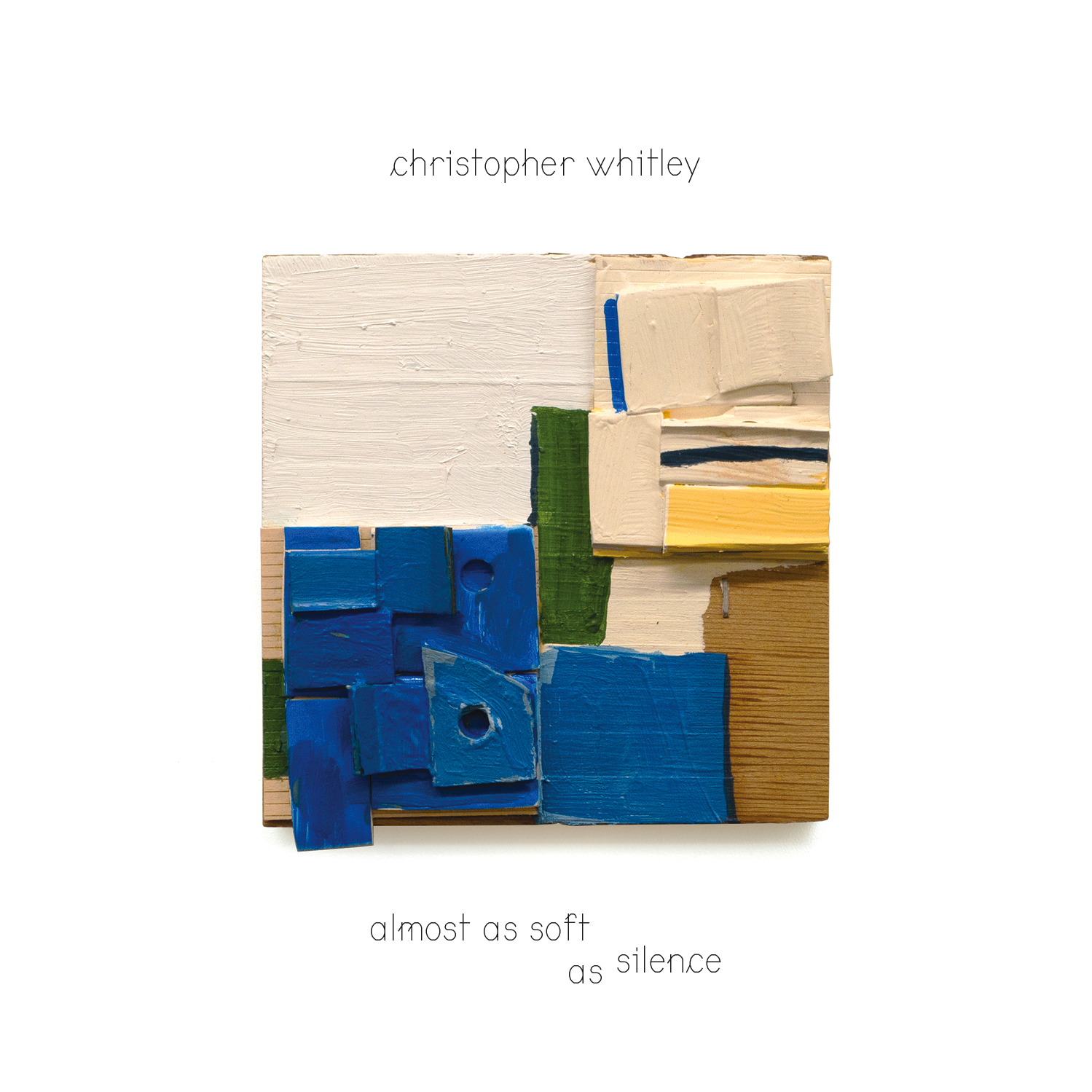 A square collage of wood and paint is centered on a white background, framed above and below by text.