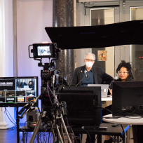 Charles Amirkhanian and Pamela Z preparing to livestream.