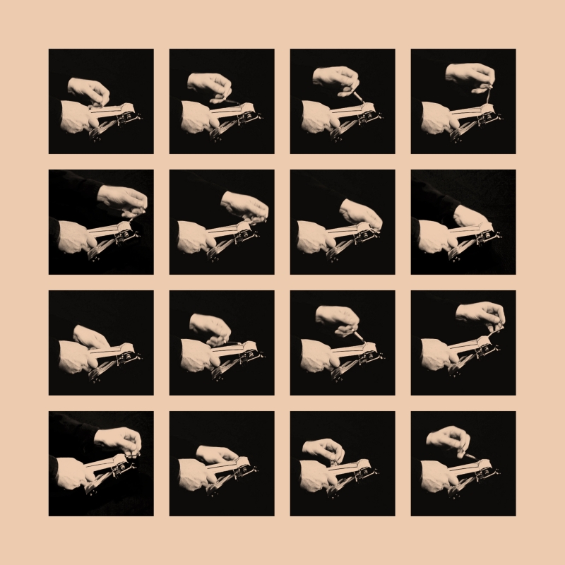 A grid of hands playing a wooden ratchet on a peach-colored background.