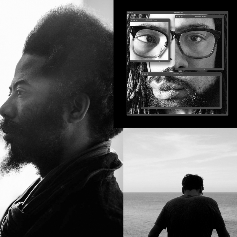 Three photos next to one another. Robert A.A. Lowe looking to the left, a collage of Joel St. Julien's face using computer windows, and The Urxed, alias of Robert Laird Barber looking away.