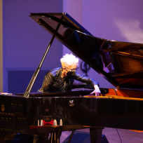 Myra Melford playing inside the piano.