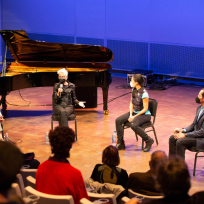Zeena Parkins, Myra Melford, Jen Shyu, and Nate Chinen speaking on a panel.