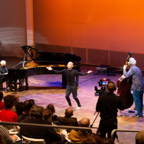 Myra Melford, Mark Dresser, and Oguri performing.